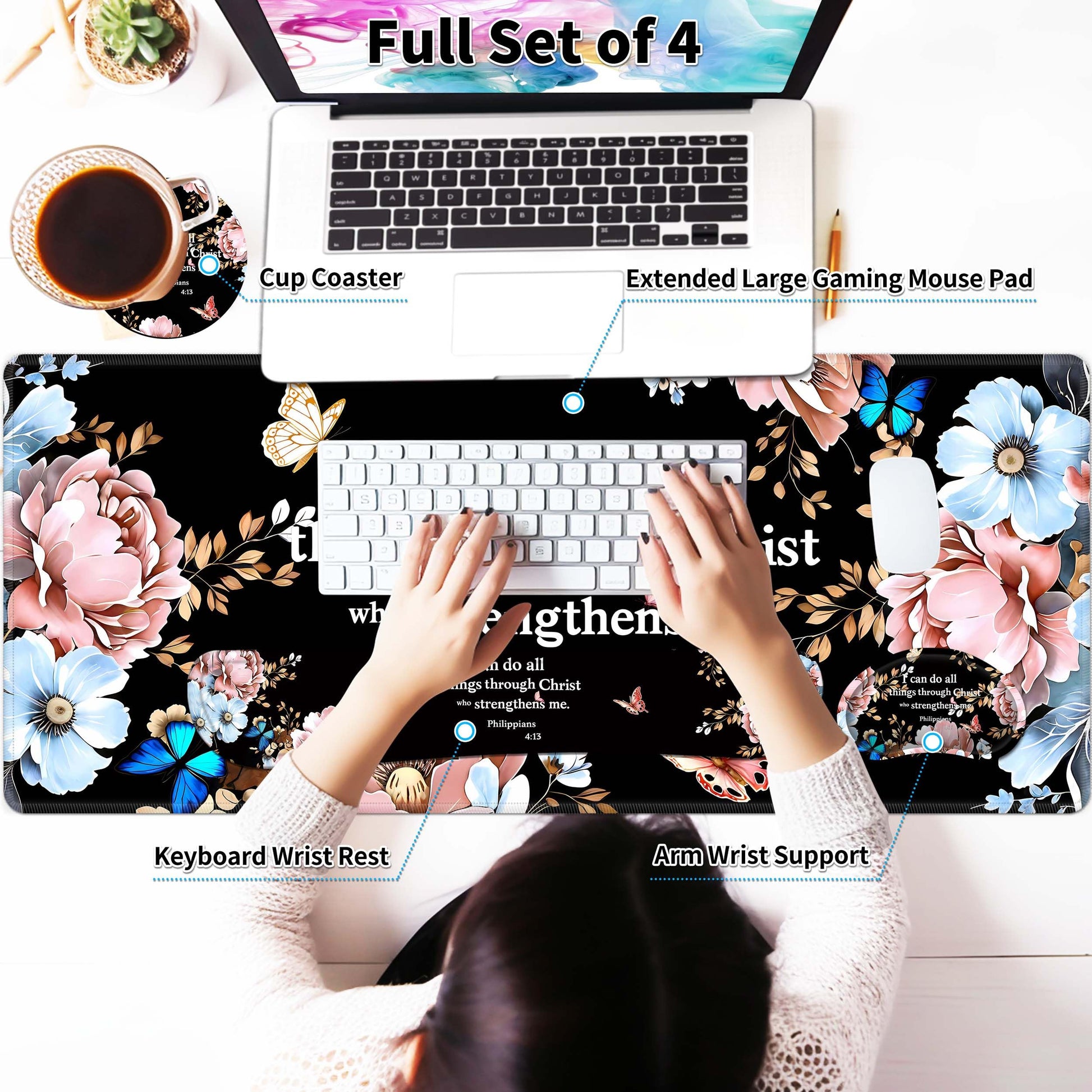 Extended Large Mouse Pad Set 31.5 x 15.7 – Christian Floral All-in-One Desk Set with Keyboard Wrist