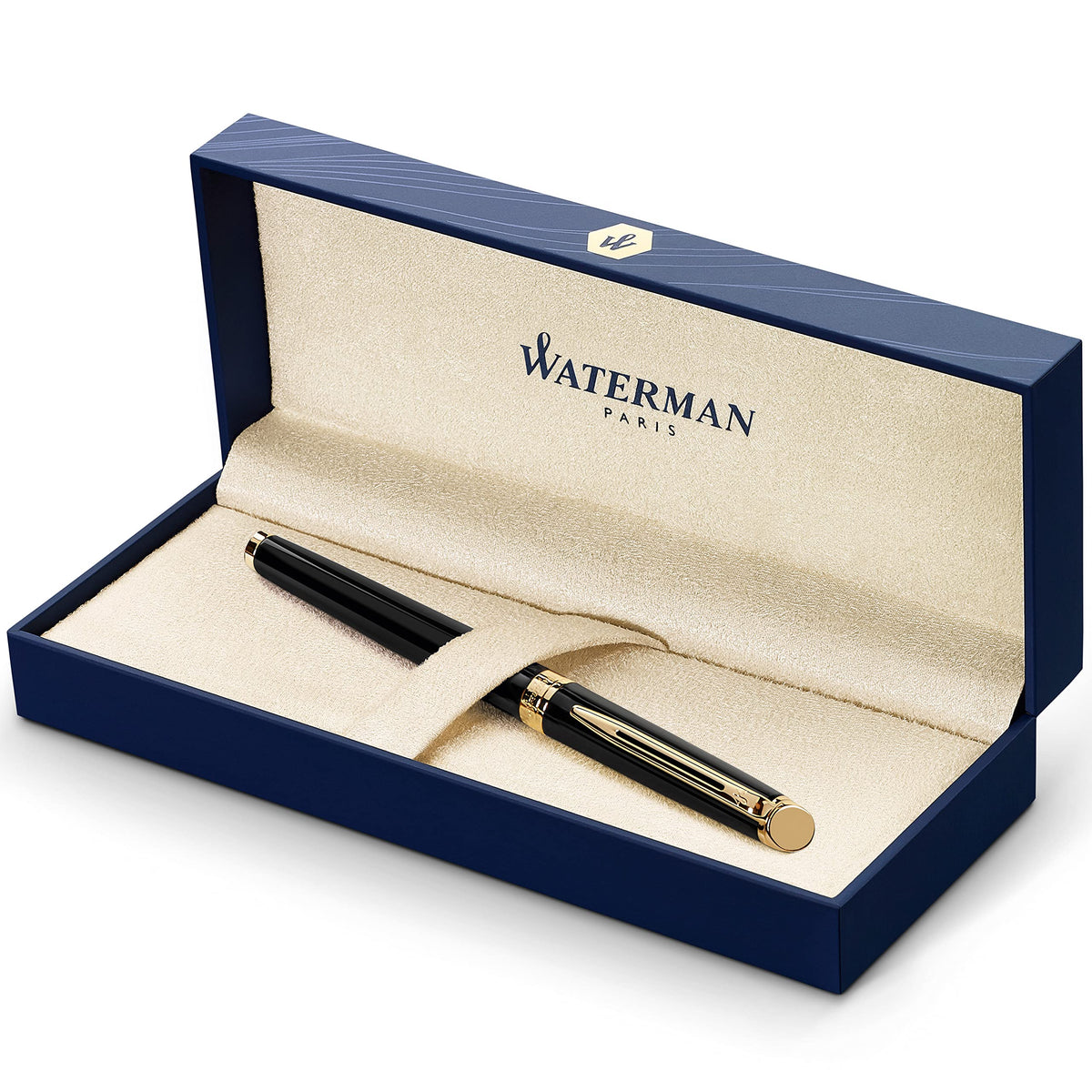 Waterman Hemisphere Fountain Pen Black with Gold Trim Medium Nib Blue Ink Gift Box