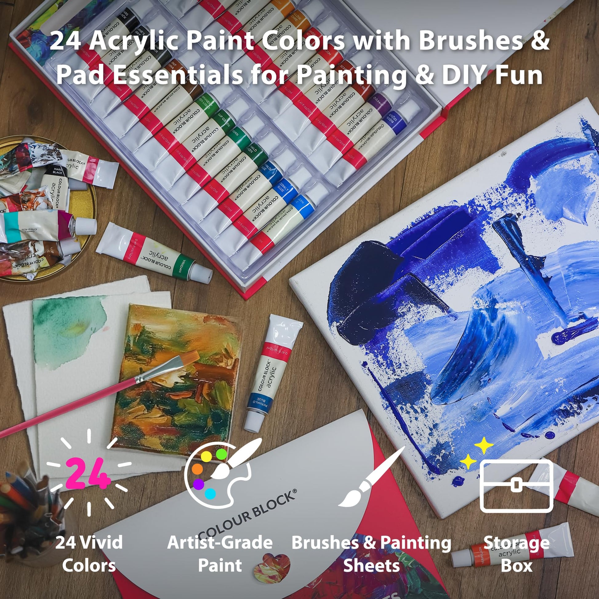 COLOUR BLOCK 32 Acrylic Paint Set with Brushes and 6-Sheet Paper | Art Supplies for Adult Artists