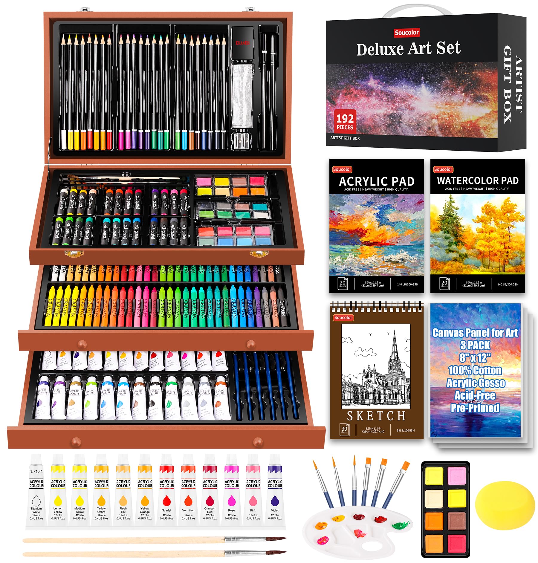 Soucolor 192-Pack Deluxe Art Set, Drawing Painting Kit, Wooden Case Gift