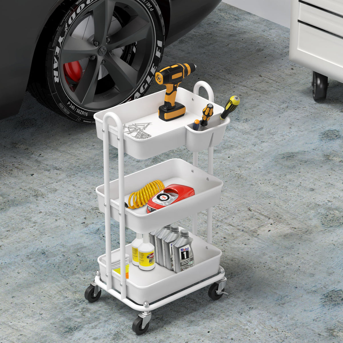 Simple Houseware 3-Tier Rolling Utility Cart with Hanging Bucket, White