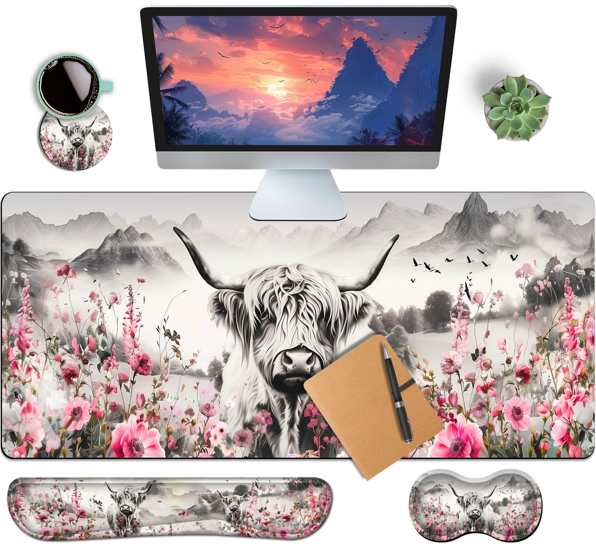 HaoSiTeck 4-Piece Extended Large Mouse Pad Set for Women Men with Highland Cow Design Includes 35.4