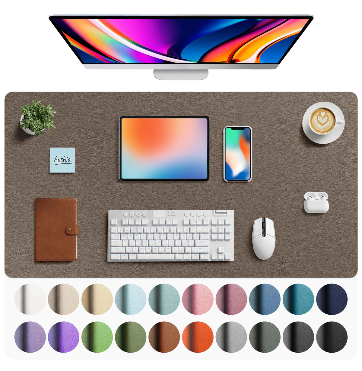 Aothia Faux Leather Desk Mat - Large Mouse Pad, Non-Slip PU Leather Blotter, Waterproof Writing