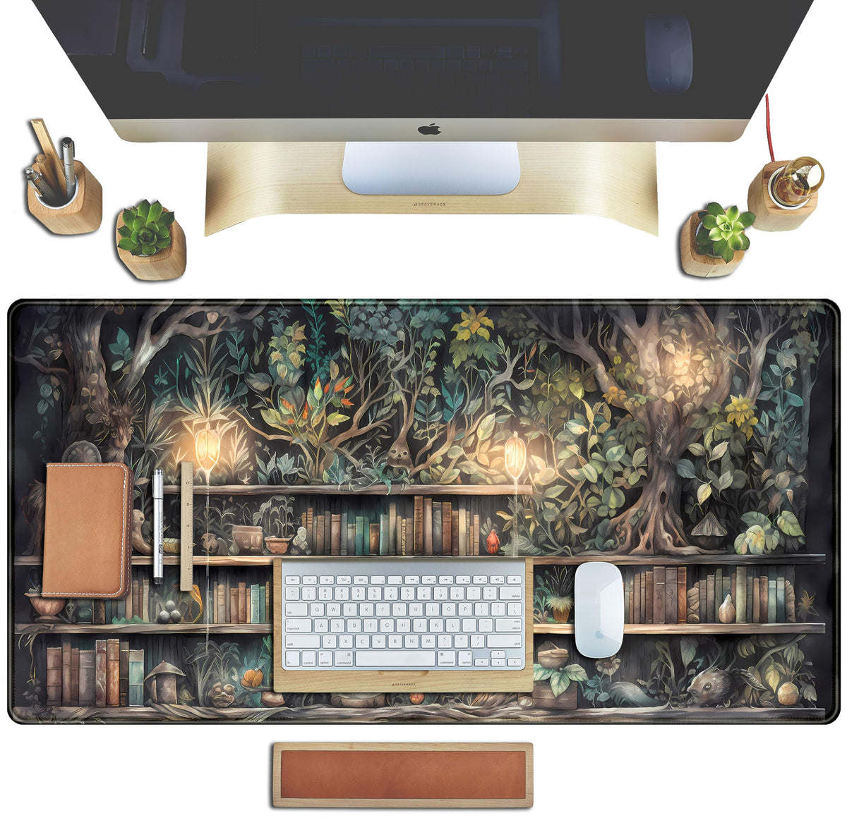 Forest Library Book Mouse Pad Desk Mat, Mystical Green Tree House XXL Extended Large Gaming Desk