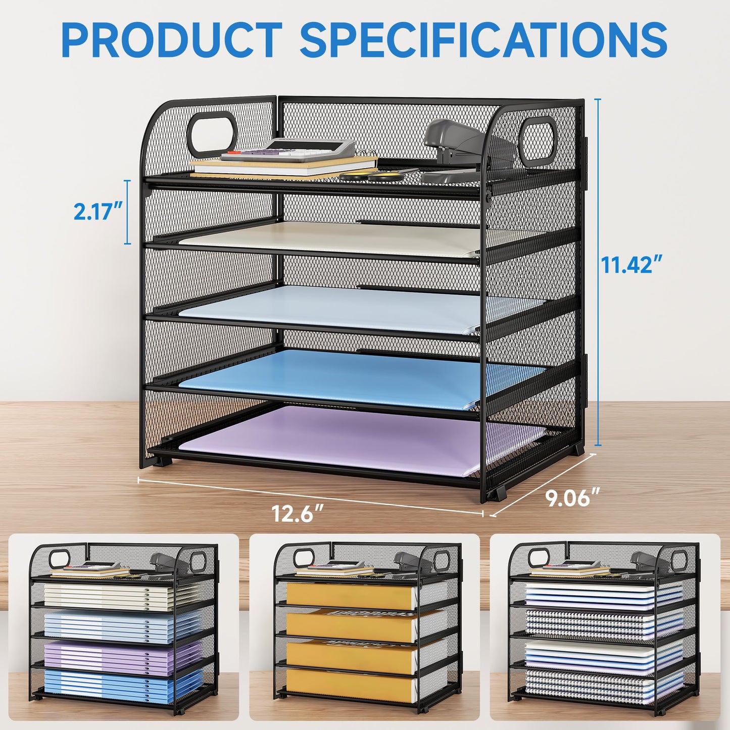 Kinkota Paper Organizer Letter Tray with Handle Mesh 5 Trays-Black 2 Pack