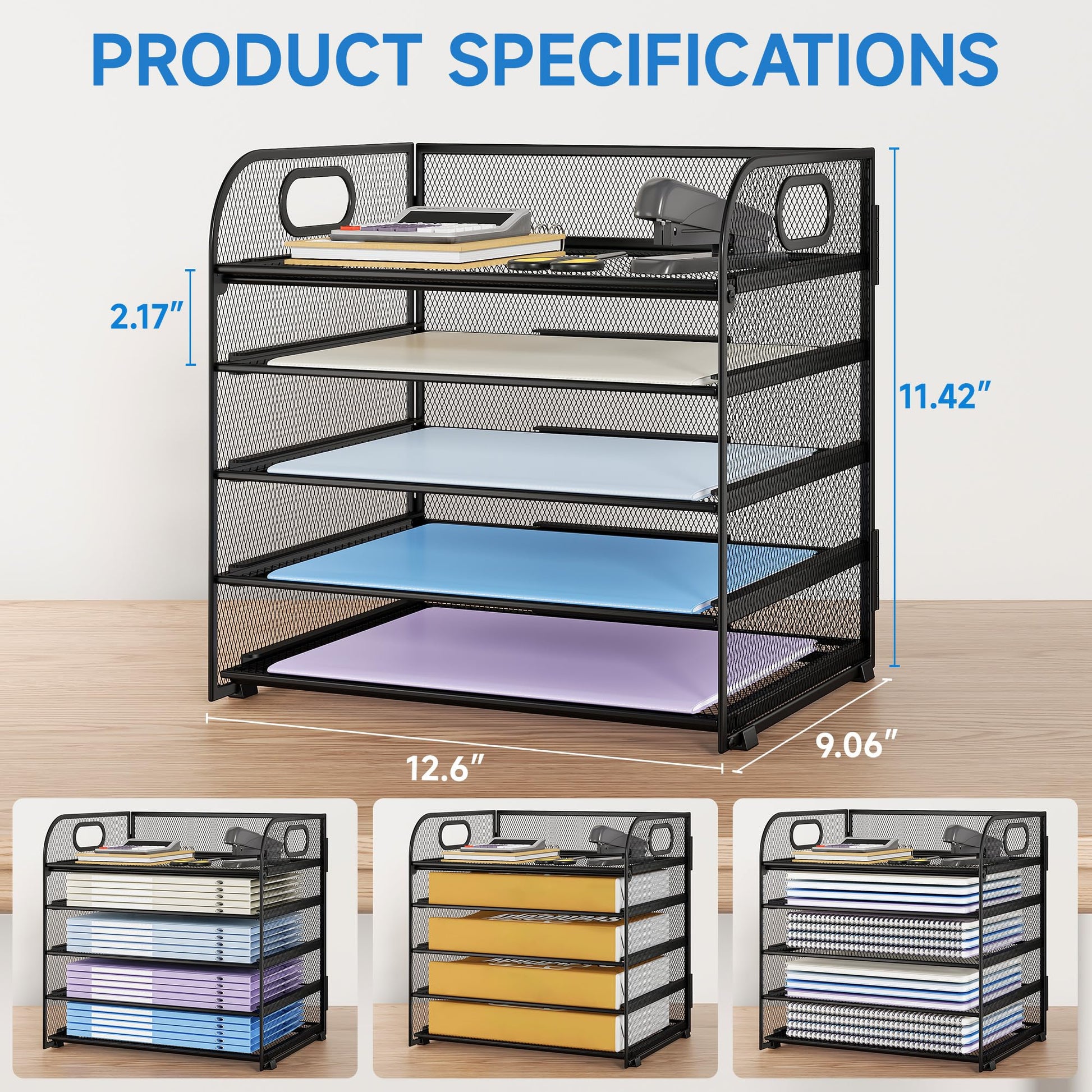 Kinkota Paper Organizer Letter Tray with Handle Mesh 5 Trays-Black 2 Pack