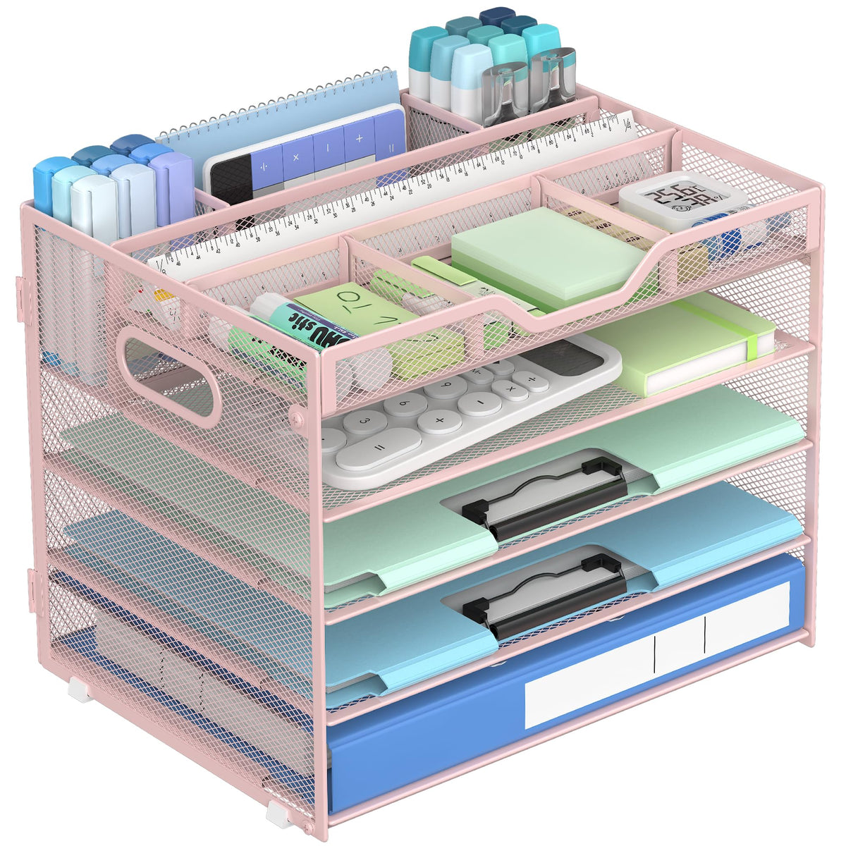 Docnest 5 Tier Mesh Desk Organizer with Removable Tray&Pen Holder, Pink