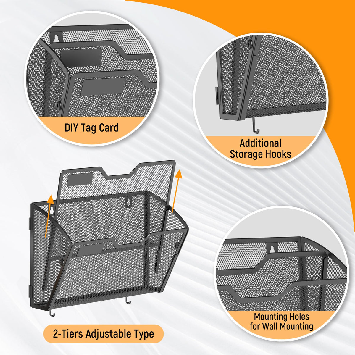 Docnest 3 Pack 2 Tier Mesh Wall File Holders with Hooks for Mail, Black