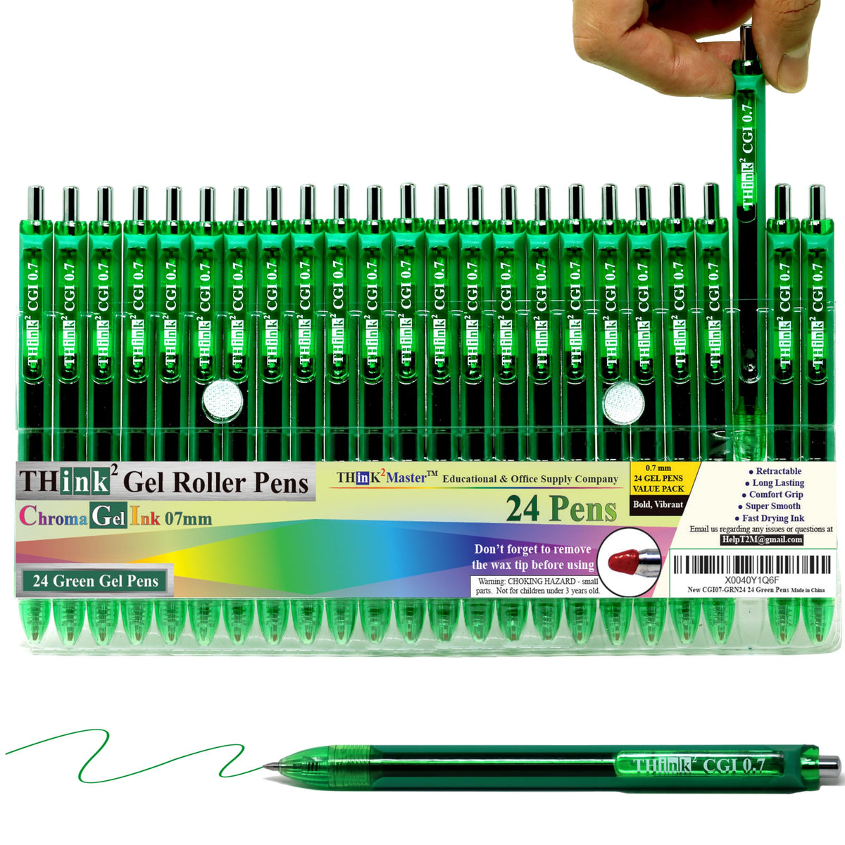 [24 Pens - Green Ink] Think2 0.7mm CGI Retractable Gel Pens. (24 Green) Medium Point Rollerball