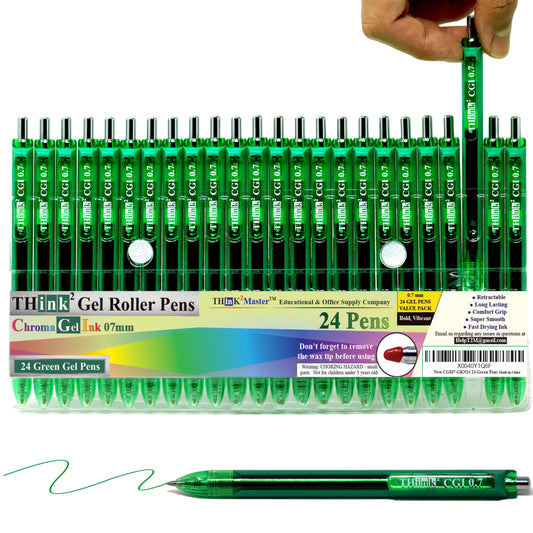 [24 Pens - Green Ink] Think2 0.7mm CGI Retractable Gel Pens. (24 Green) Medium Point Rollerball