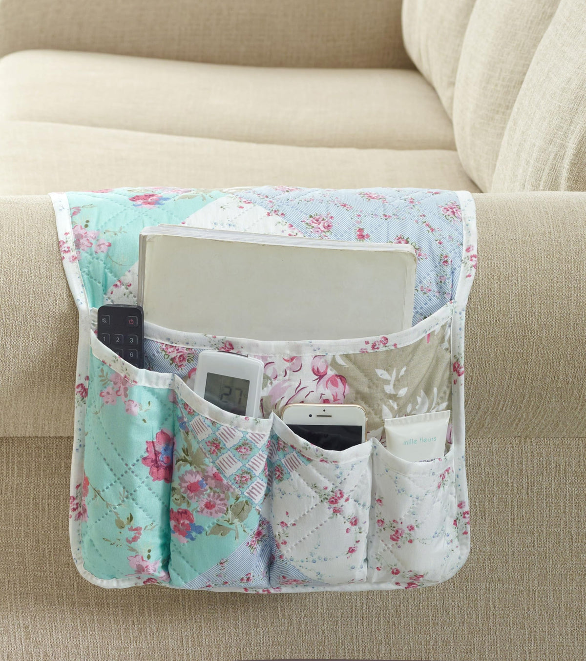 Brilliant Sunshine Blue & Green Roses Couch Armrest Cover, 35"×13"