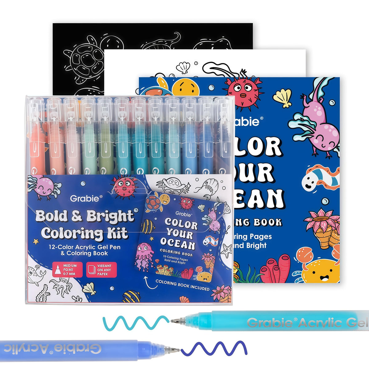 Grabie Acrylic Gel Pens Coloring Kit with Book, Pack of 12 Ocean Colors