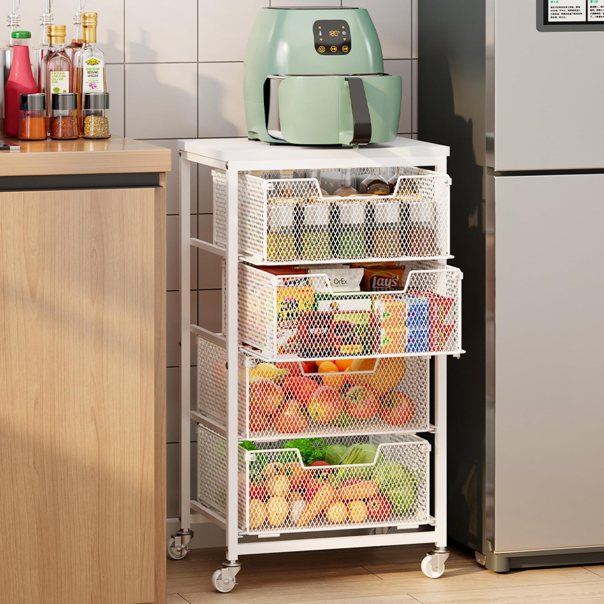 4-Tier Kitchen Storage Cart - Fruit Vegetable Storage Cart with Drawers, Wooden Top Metal Wire