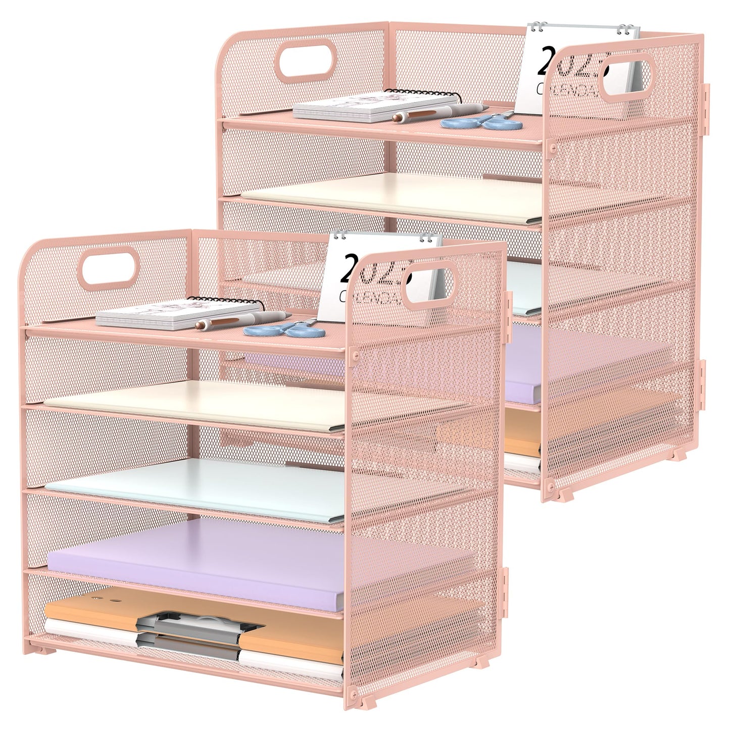 2 Pack 5-Tier Pink Desk Organizer with Handle Mesh Desk File/Paper Organizer Letter Tray for