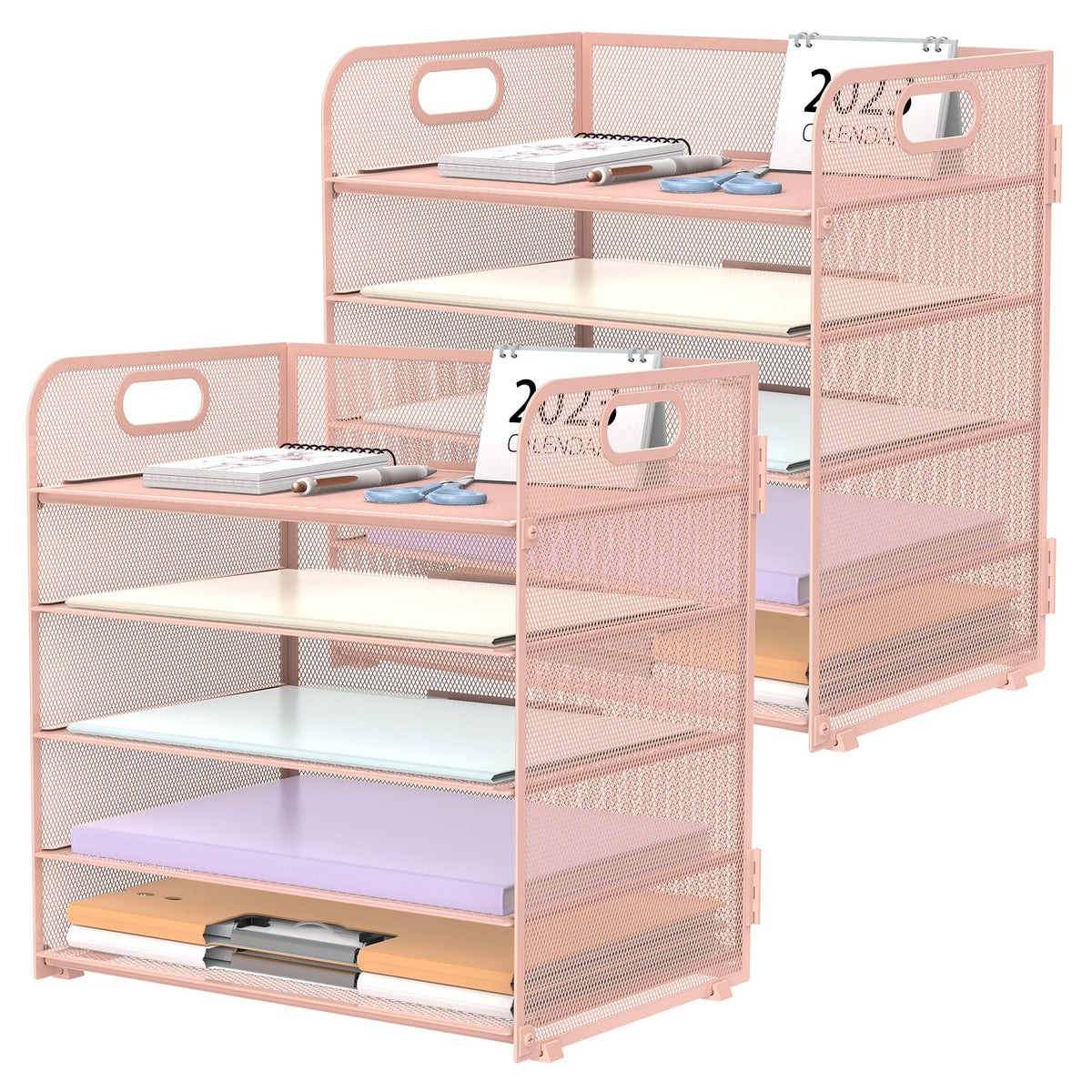 2 Pack 5-Tier Pink Desk Organizer with Handle Mesh Desk File/Paper Organizer Letter Tray for