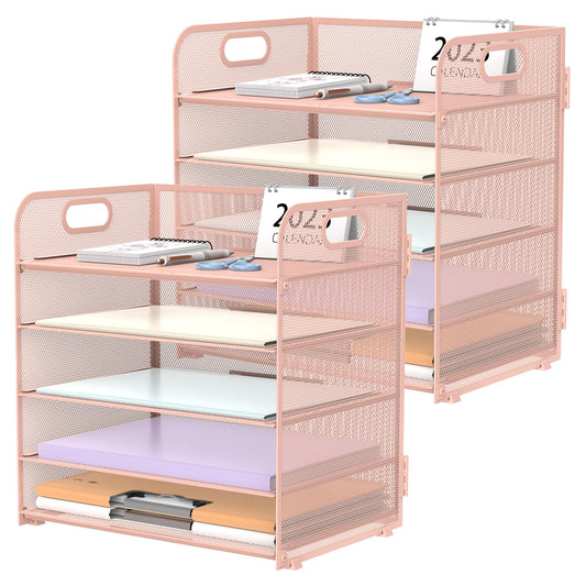 2 Pack 5-Tier Pink Desk Organizer with Handle Mesh Desk File/Paper Organizer Letter Tray for