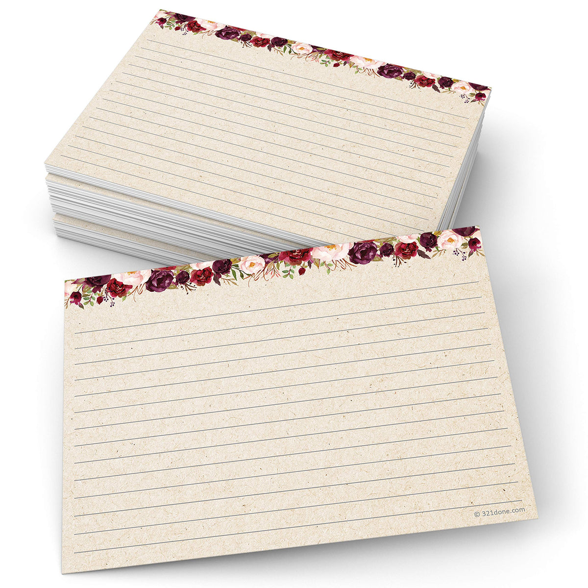 321Done Ruled Index Cards, Large 5x7, Set of 50, Red Roses on Tan