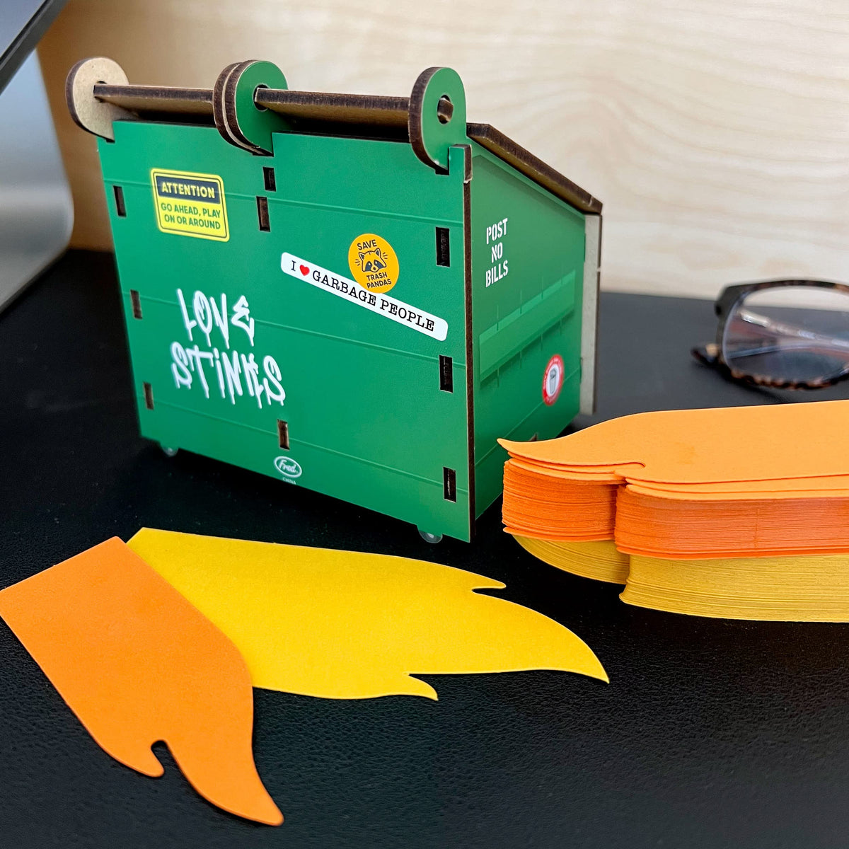 Genuine Fred Desk Dumpster Pencil Holder with 100+ Flame Note Cards, Funny 3-Compartment Organizer