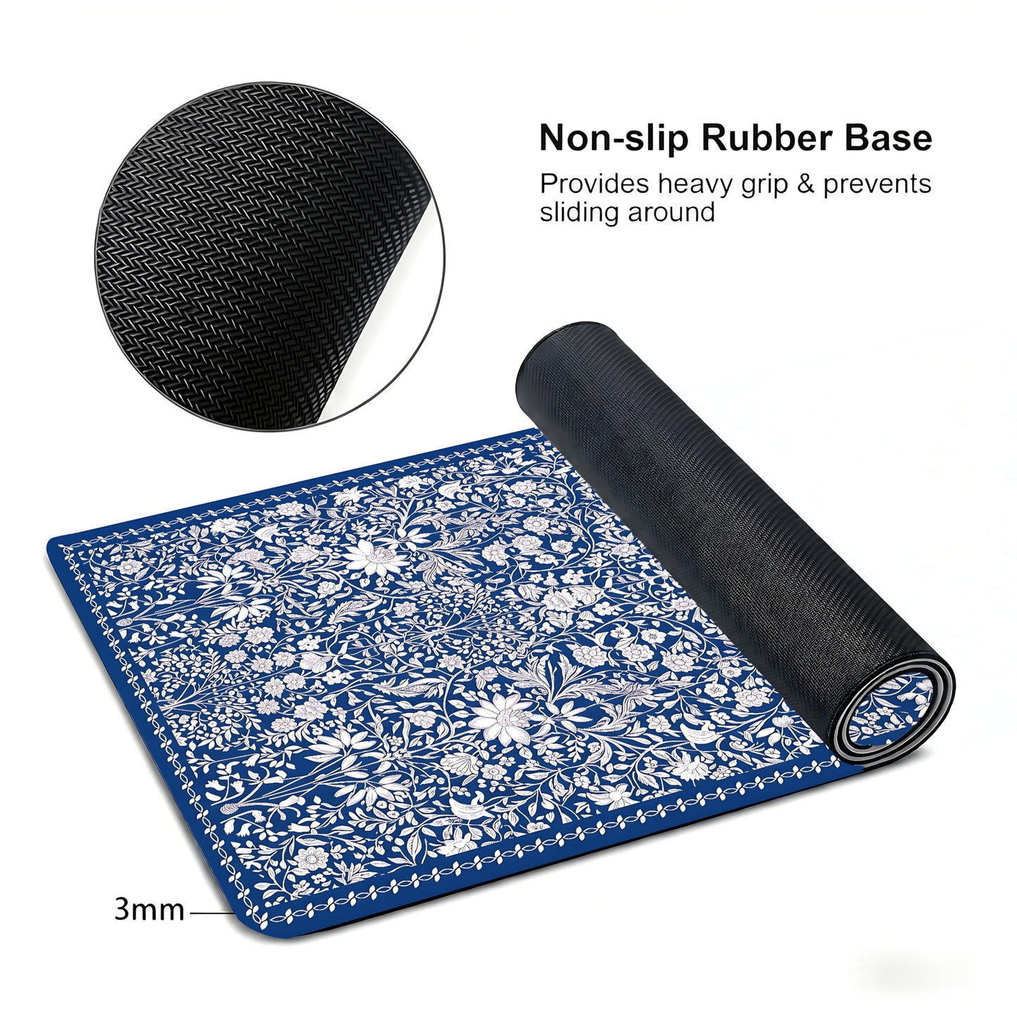 Cute Floral Aesthetic Daisy Gaming Mouse Pad, White Blue Chinoiserie Desk Mat with Anti-Slip Base &
