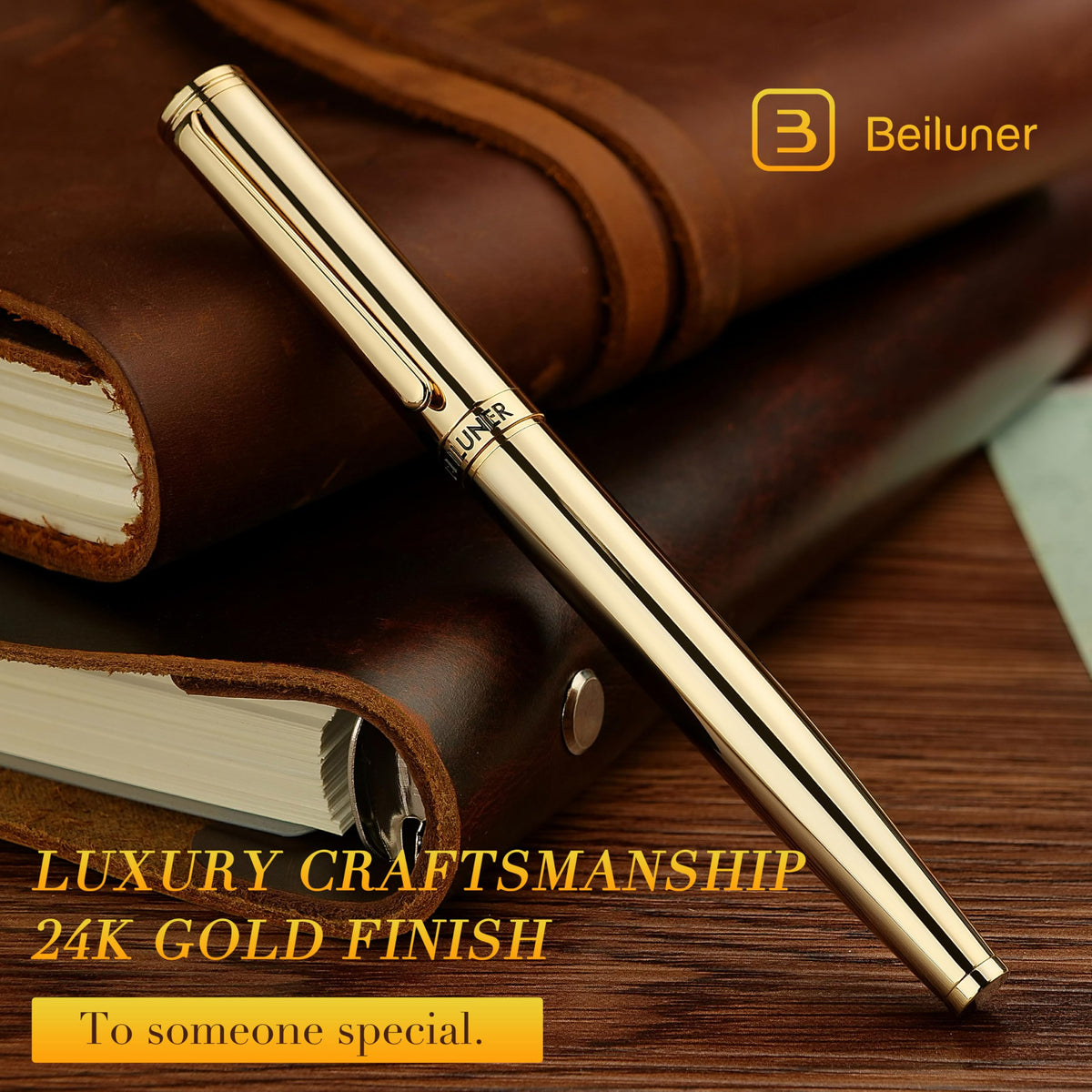 BEILUNER Gold Fountain Pen,Stunning Luxury Pens with 24K Gold Finish, Gorgeous 24K Gilded