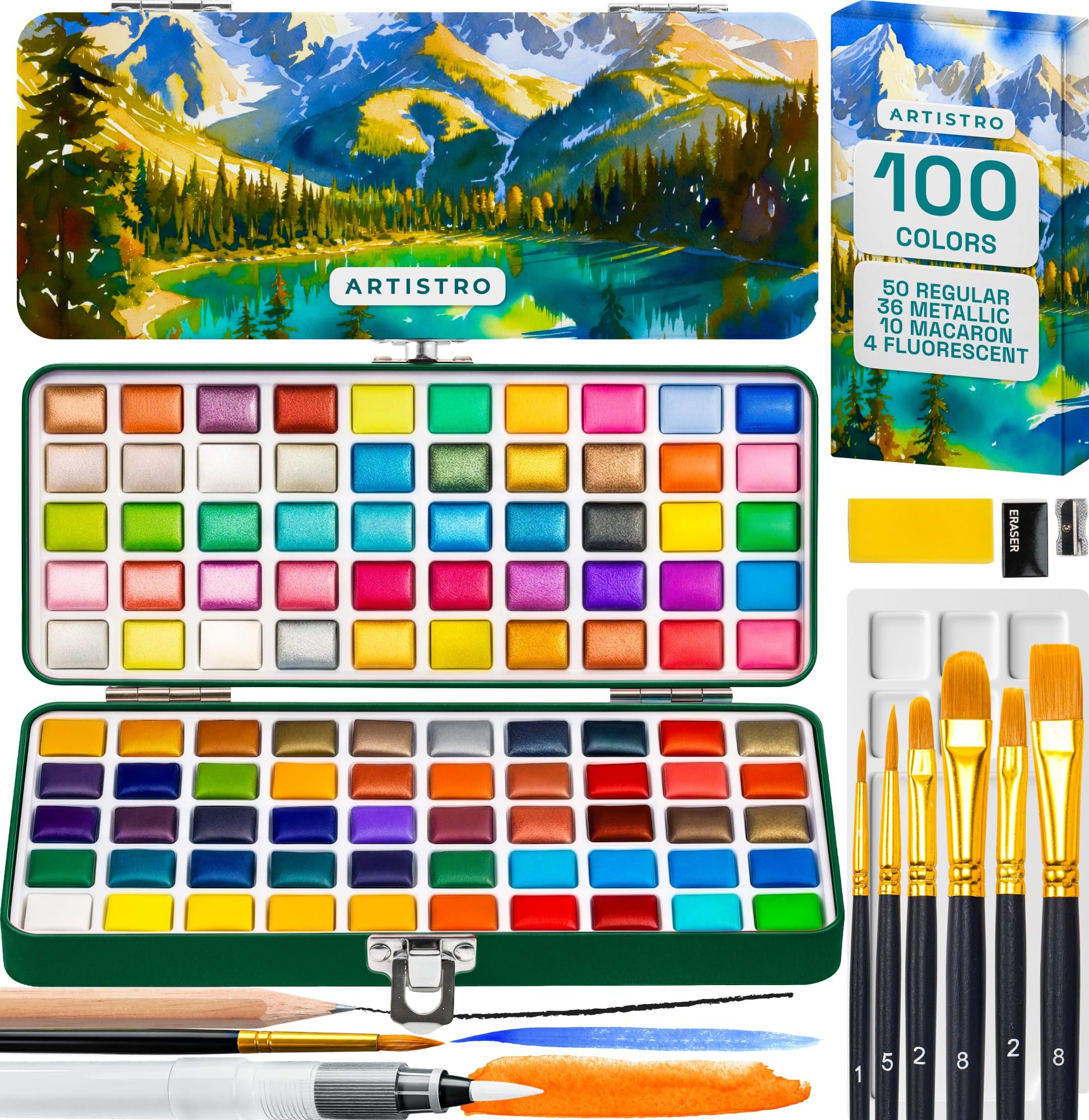 ARTISTRO Deluxe Watercolor Paint Set with Palette & Brush Pens - 100 Colors