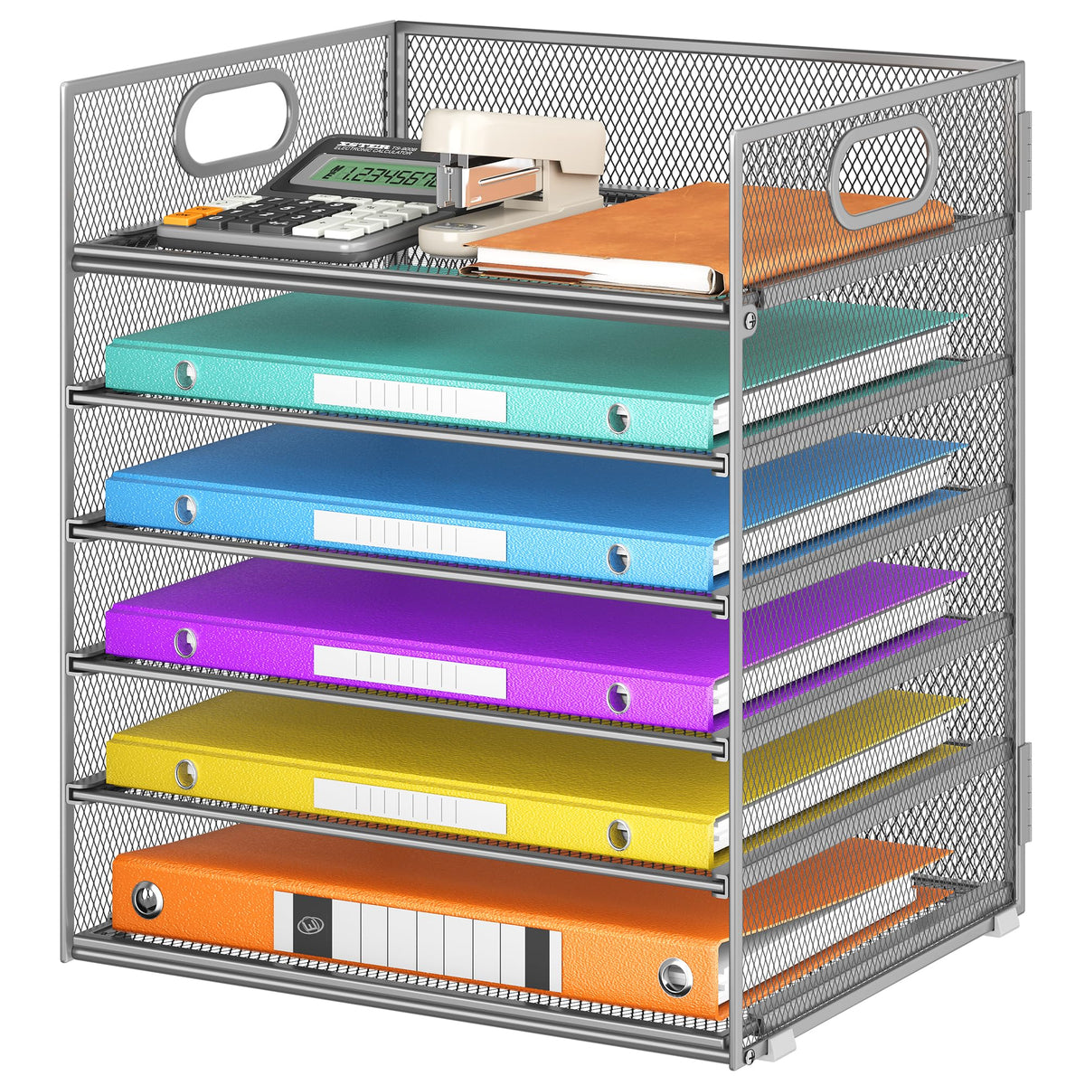 6 Tray Paper Organizer Letter Tray with Handle - Mesh Desk File Folder Holder, Paper Sorter for