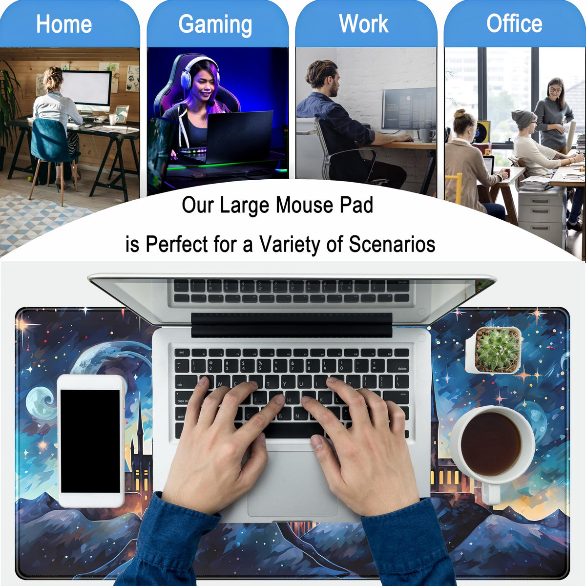 Blue Castle Desk Mat Aesthetic Cute Desk Pad, Extended Large Mouse Pad XXL Gaming Keyboard Pad