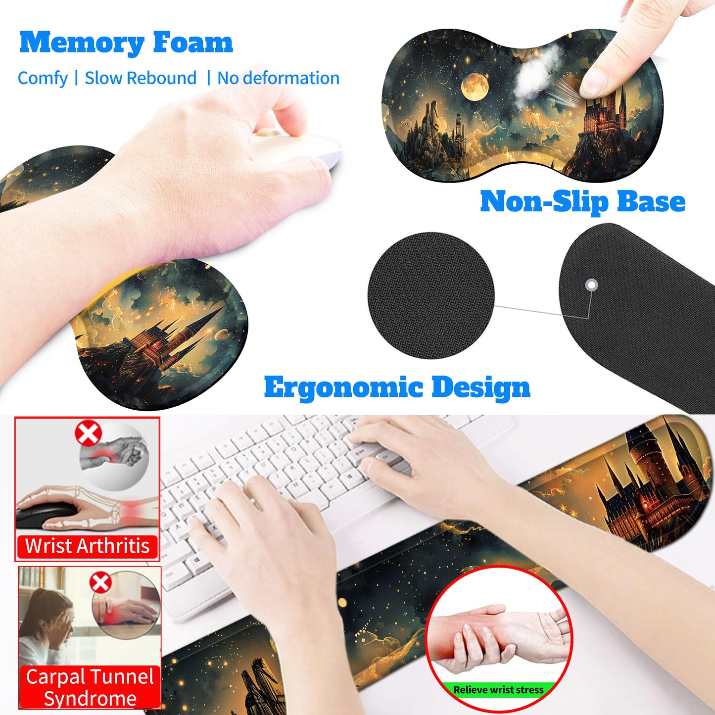 HaoSiTeck 4-Piece Extended Large Mouse Pad Set for Women Men with Castle Night Design Includes 35.4
