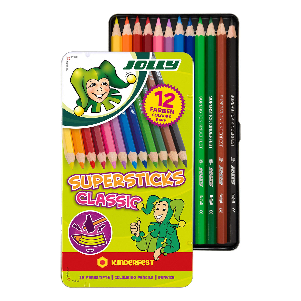 Jolly Supersticks Colored Pencils Tin Box of 12, Kinderfest 3.8mm Core