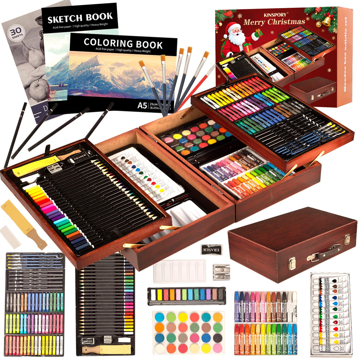 KINSPORY 168 Pack Wooden Art Set, Deluxe Painting Drawing Kit, 3 Coloring Books, Oil Pastels