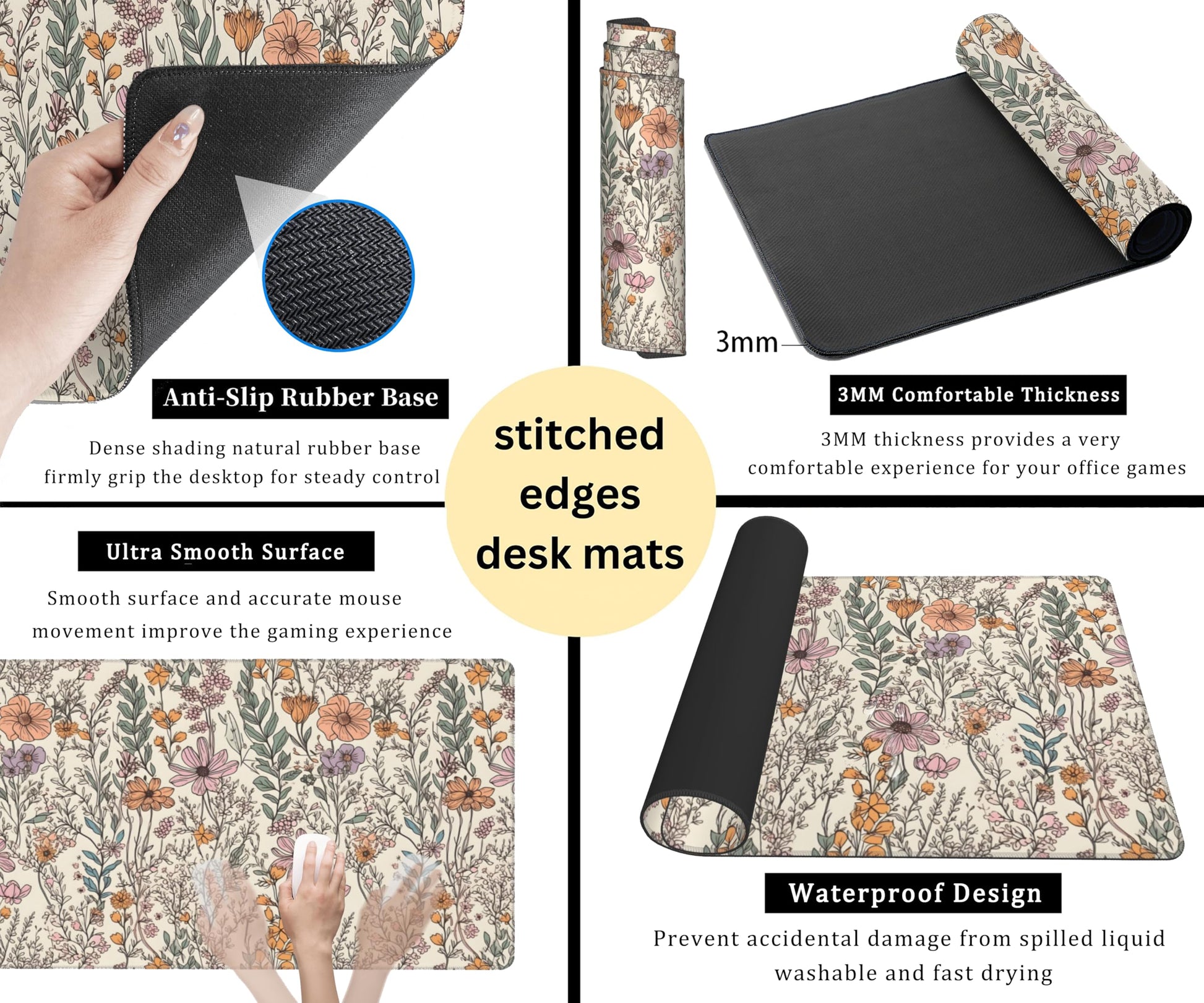 Wild Flowers Gaming Mouse Pad, Floral Cute Keyboard Mouse Mat, Full Desk Protector, Aesthetic Desk