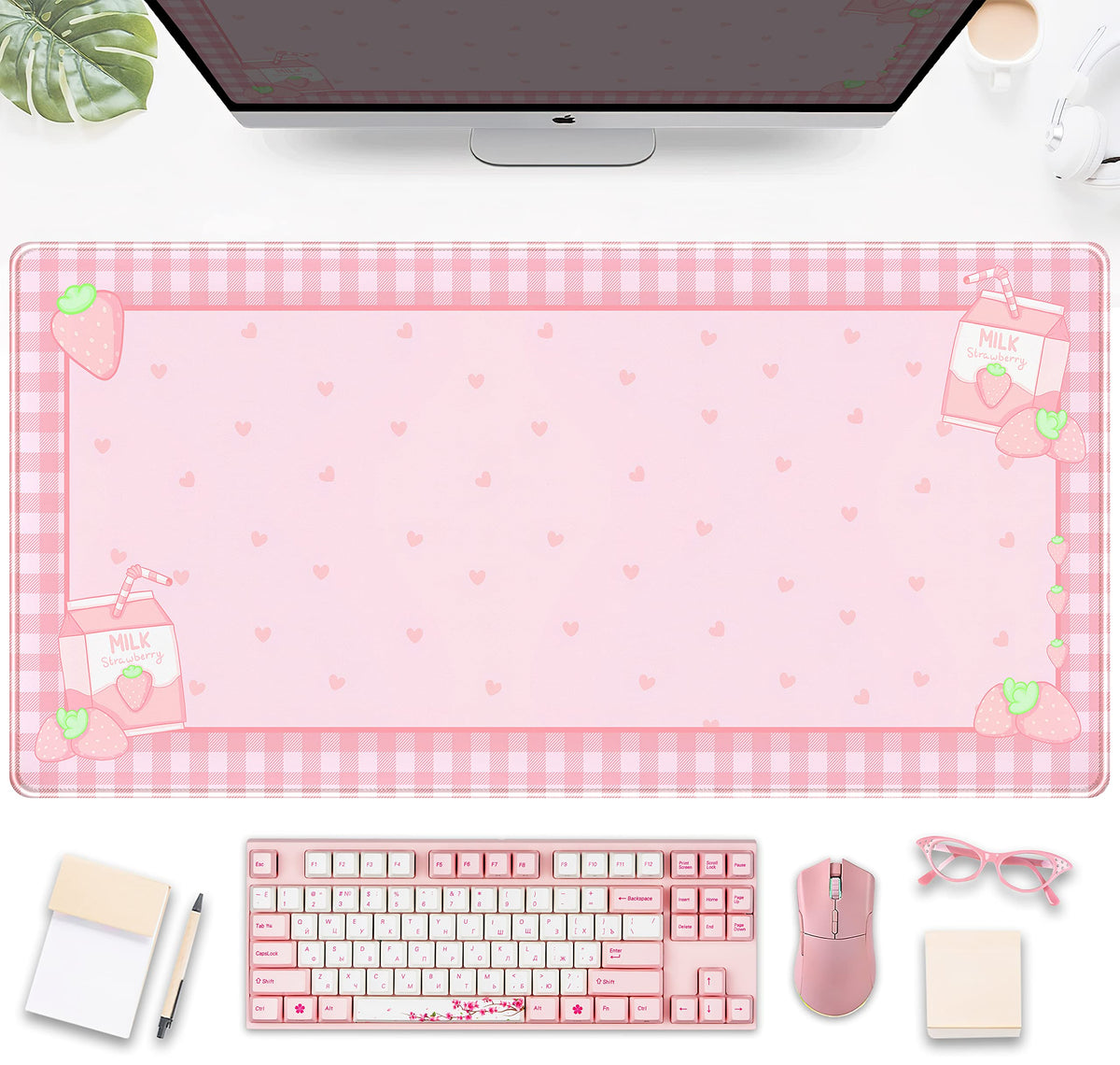 Cute Pink Plaid Desk Mats Strawberry Milk Gaming Desk Pad, Kawaii Extended Mouse Pad Kawaii Large