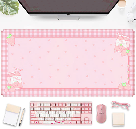 Cute Pink Plaid Desk Mats Strawberry Milk Gaming Desk Pad, Kawaii Extended Mouse Pad Kawaii Large