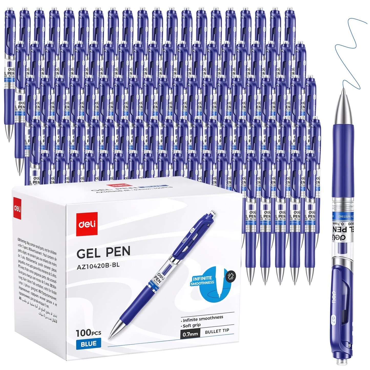 deli Gel Pens, 100 Pcs Pens Blue Ink, Retractable Medium Point Pen 0.7mm