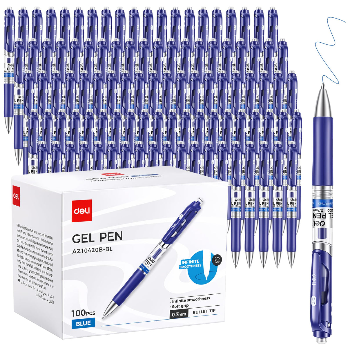 deli Gel Pens, 100 Pcs Pens Blue Ink, Retractable Medium Point Pen 0.7mm