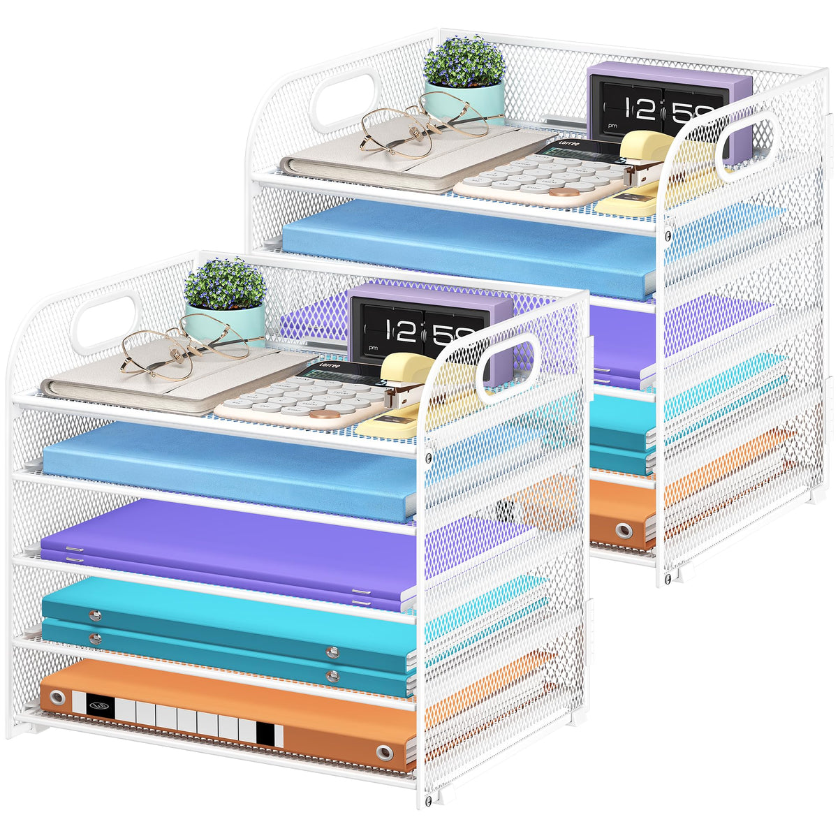 Cawukege 2 Pack 5 Tier Paper Organizer, Letter Tray with Handle, Mesh Desk Organizer, Metal File