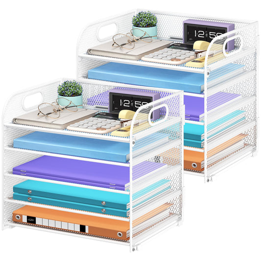 Cawukege 2 Pack 5 Tier Paper Organizer, Letter Tray with Handle, Mesh Desk Organizer, Metal File