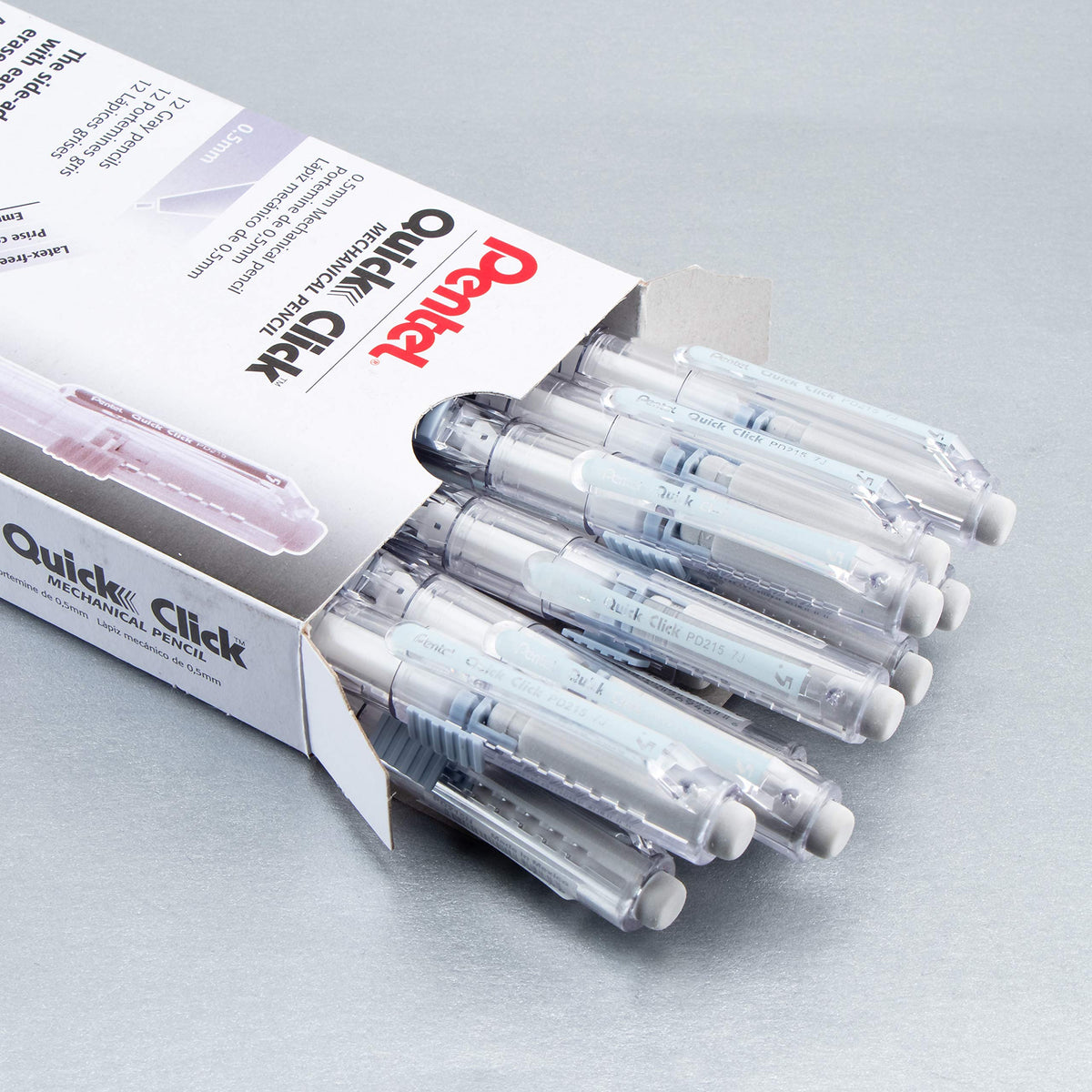 Pentel Quick Click Mechanical Pencil, (0.5mm), Fine, Gray Barrel, Box of 12 Pencils (PD215N)
