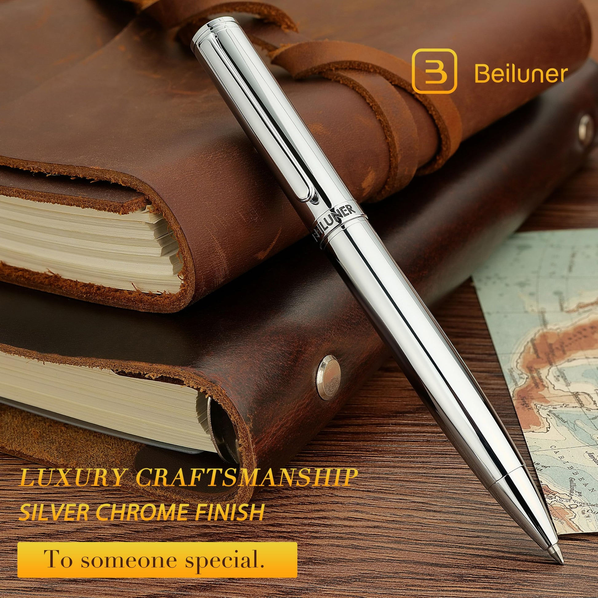 BEILUNER Silver Gel Pen - Luxury Featuring Bright Chrome Finishes, Black Ink Refill, Best Pen Gift