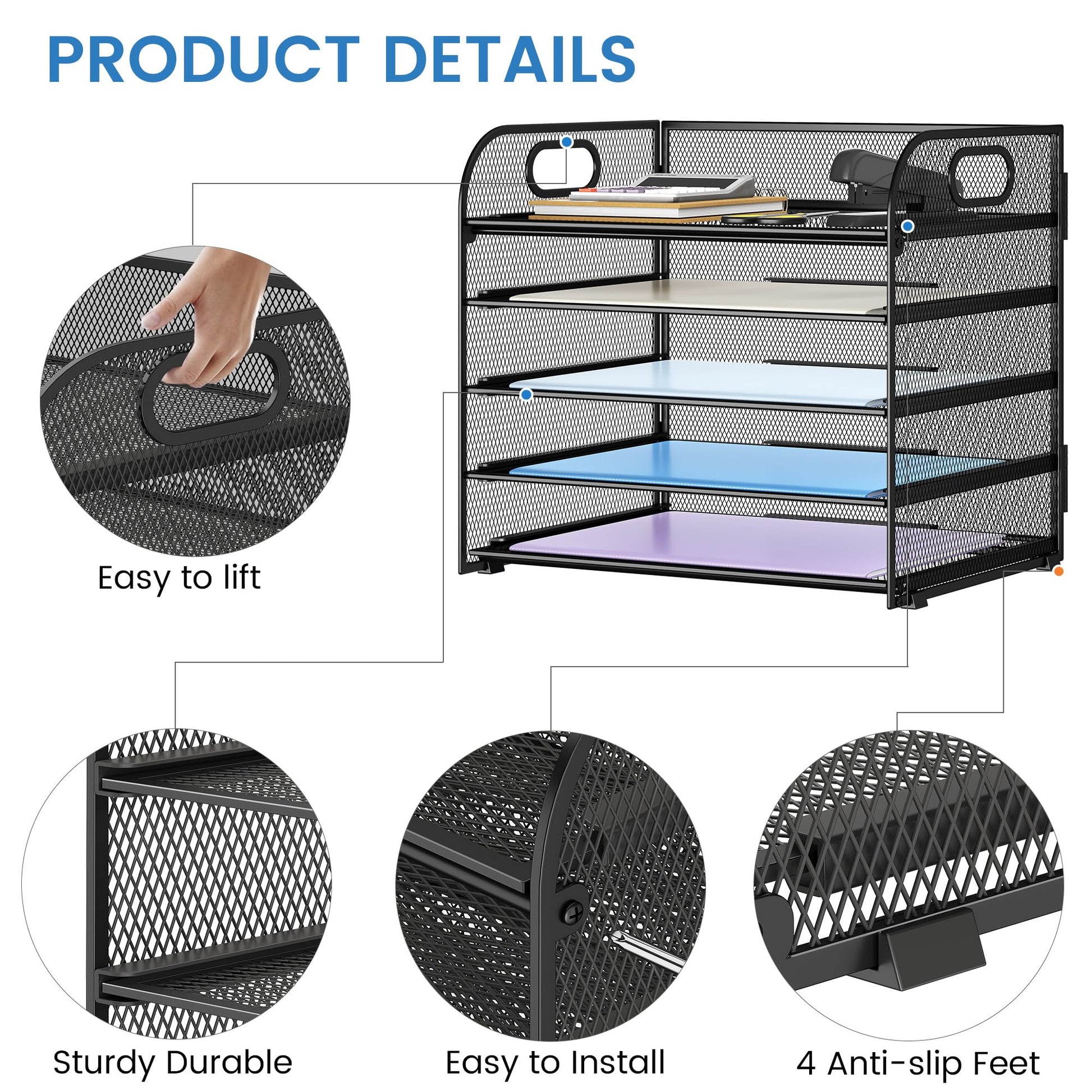 Kinkota Paper Organizer Letter Tray with Handle Mesh 5 Trays-Black 2 Pack