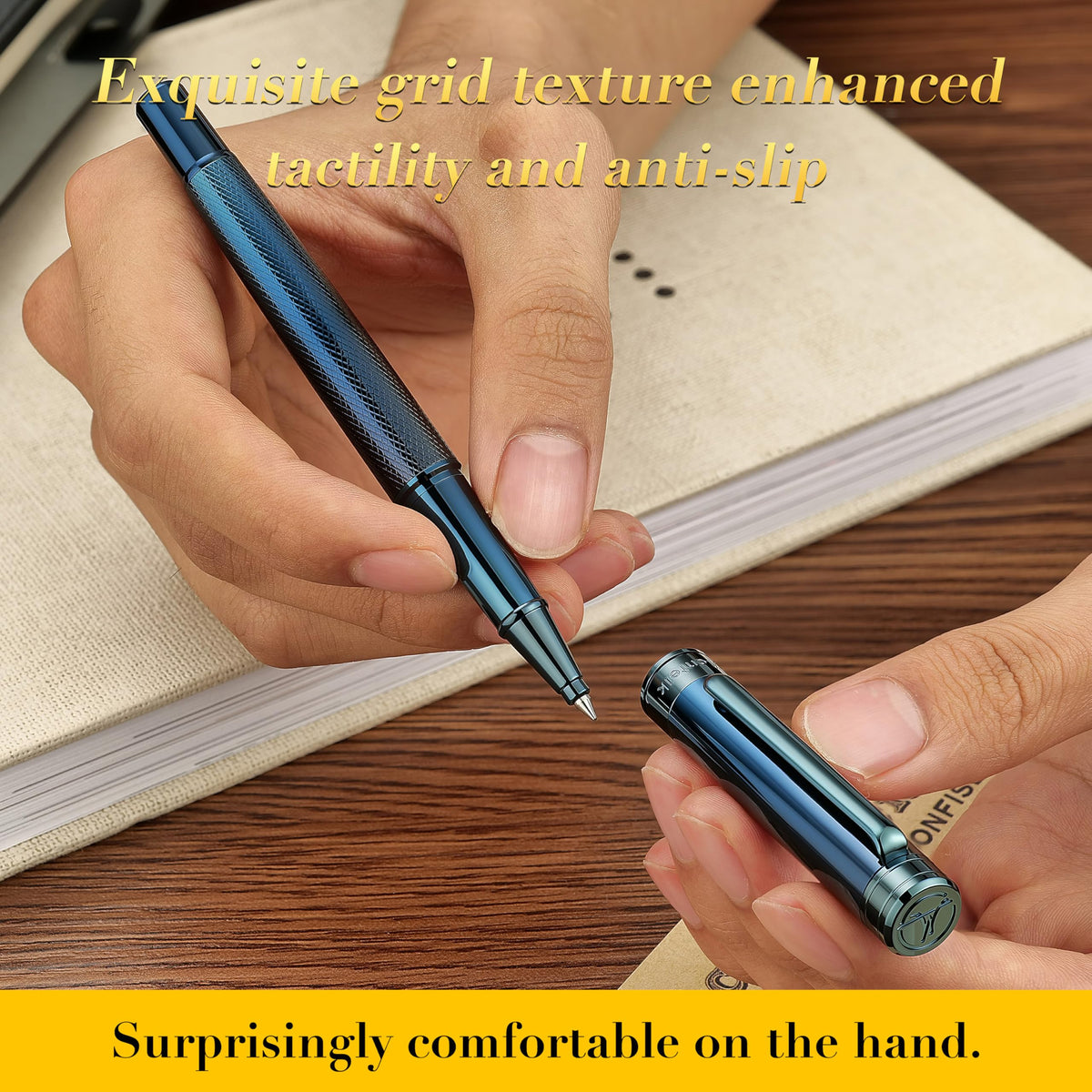 MCNTEIK Electroplated Blue Rollerball Pen, Stunning Luxury Pen with Mesh Texture Design、Schmidt Ink