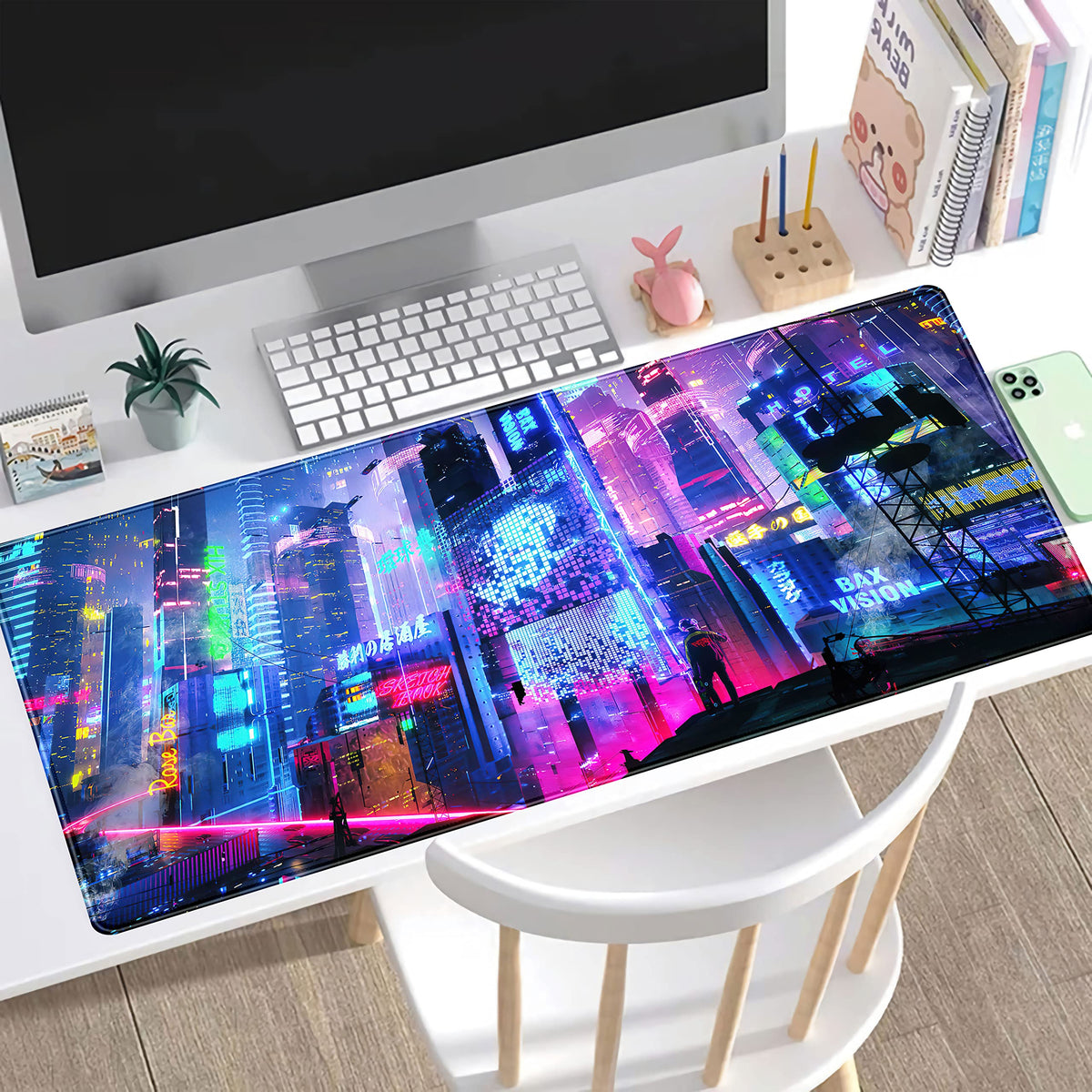 Japanese Street Desk Mat Futuristic Neon City Print Mouse Pad, Exclusive Desk Mats, XXL Large