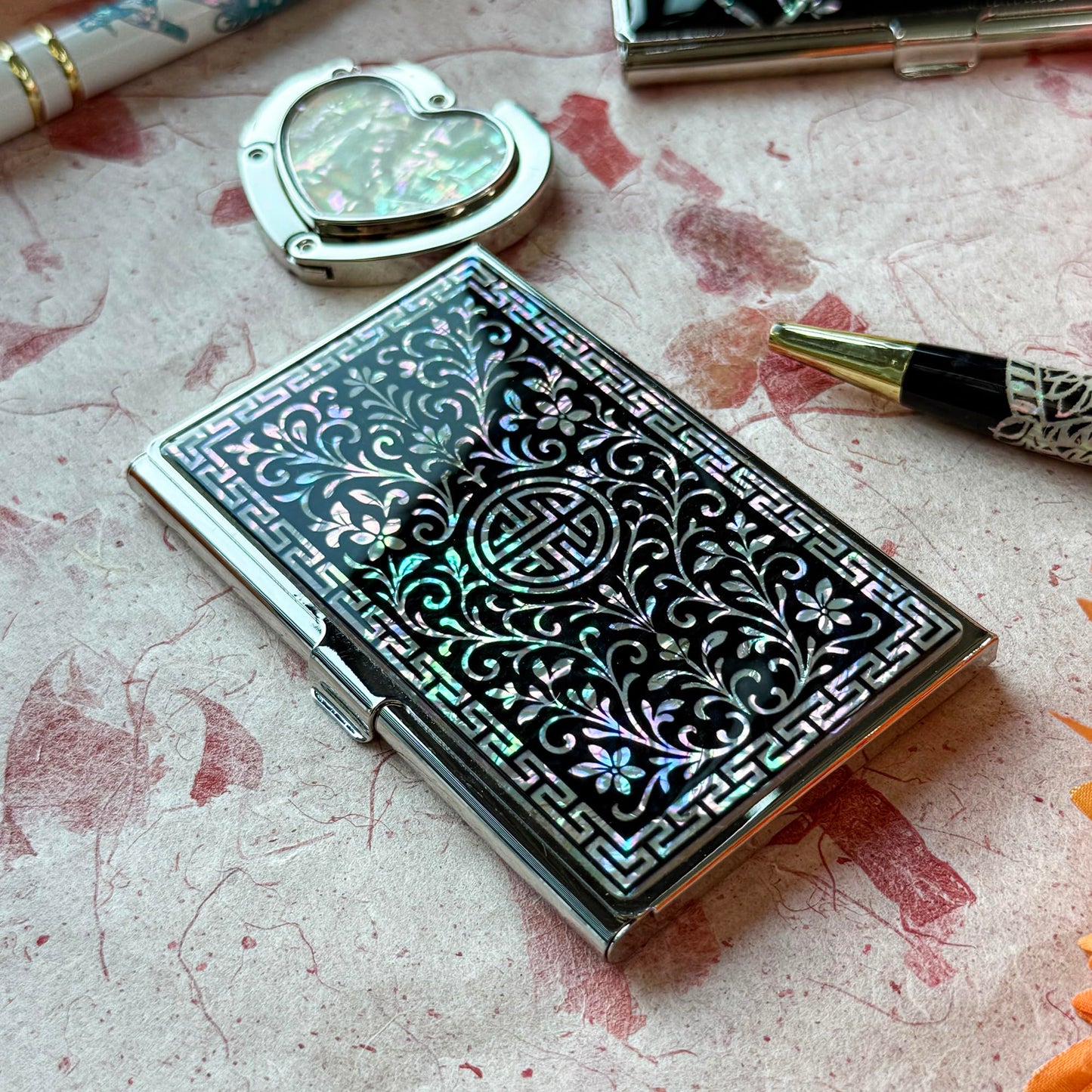 Nacreh Mother of Pearl Business Card Case Credit Id Name Holder Travel Wallet Art Painting Design