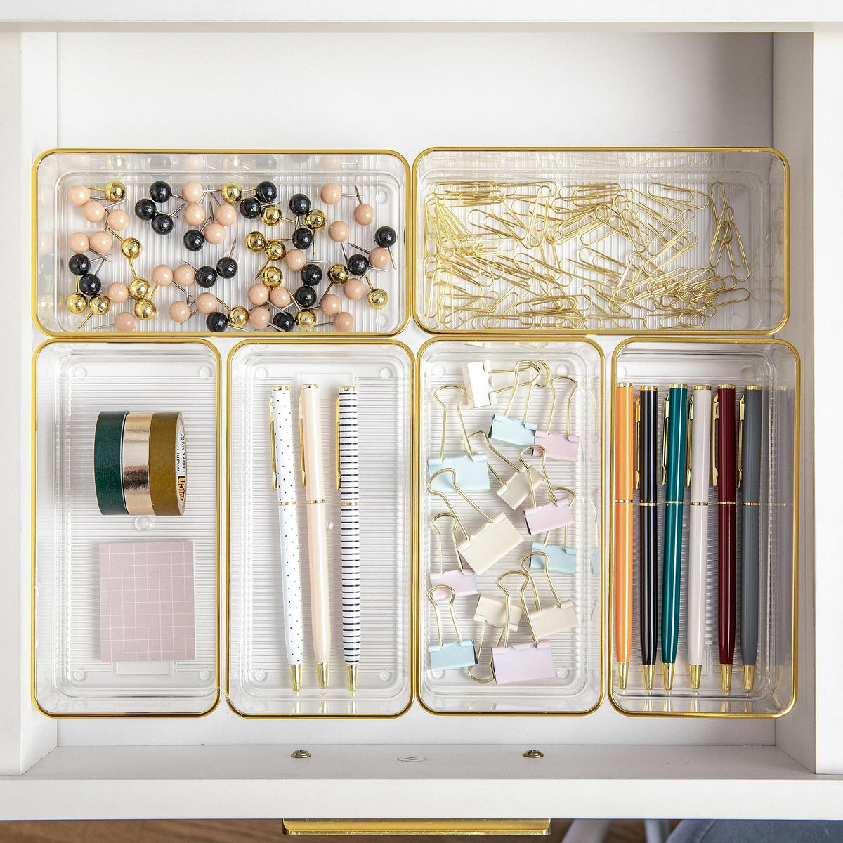 Martha Stewart Kerry Plastic Stackable Office Desk Drawer Organizers, 6" x 3", 6 Pack, with Gold