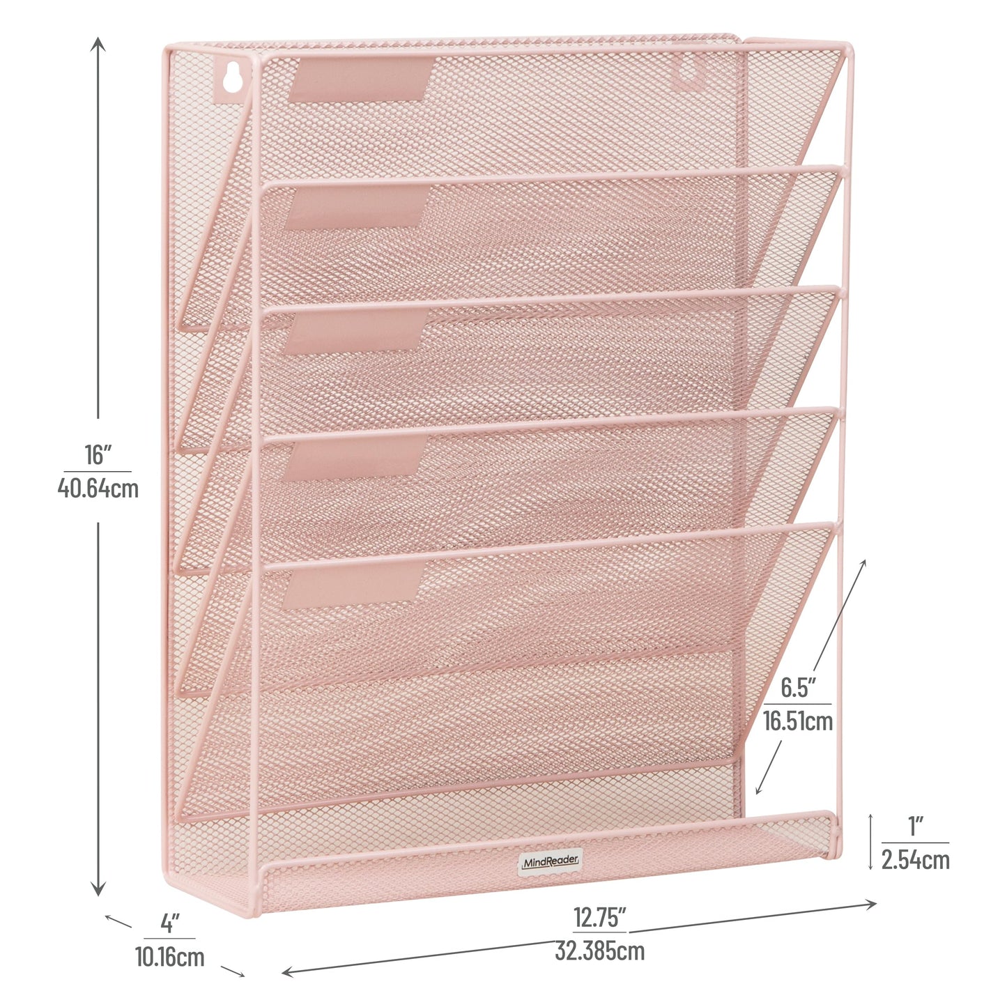 Mind Reader 5-Pocket Vertical File Storage, Desktop Organizer, Wall Mount, Office, Metal Mesh, Pink