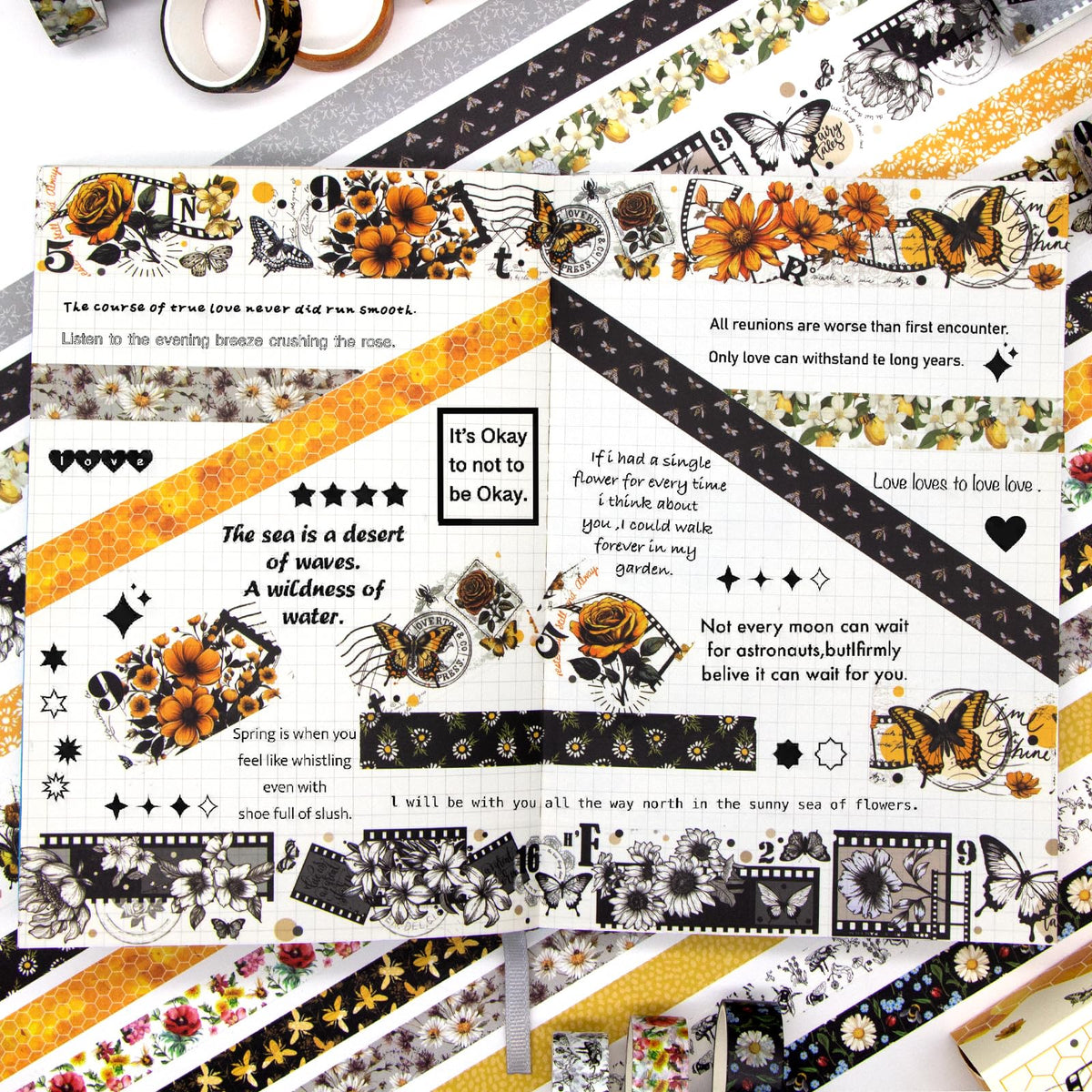 KOVANO Washi Tape Set 14 Rolls, Vintage Bee Floral Butterfly Botanical Washi Tape, Yellow Black