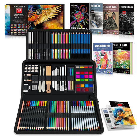 KALOUR 154PCS Artists Art Supplies - Drawing Kit with 6 Sketchbook,Tutorial,Coloring Paper
