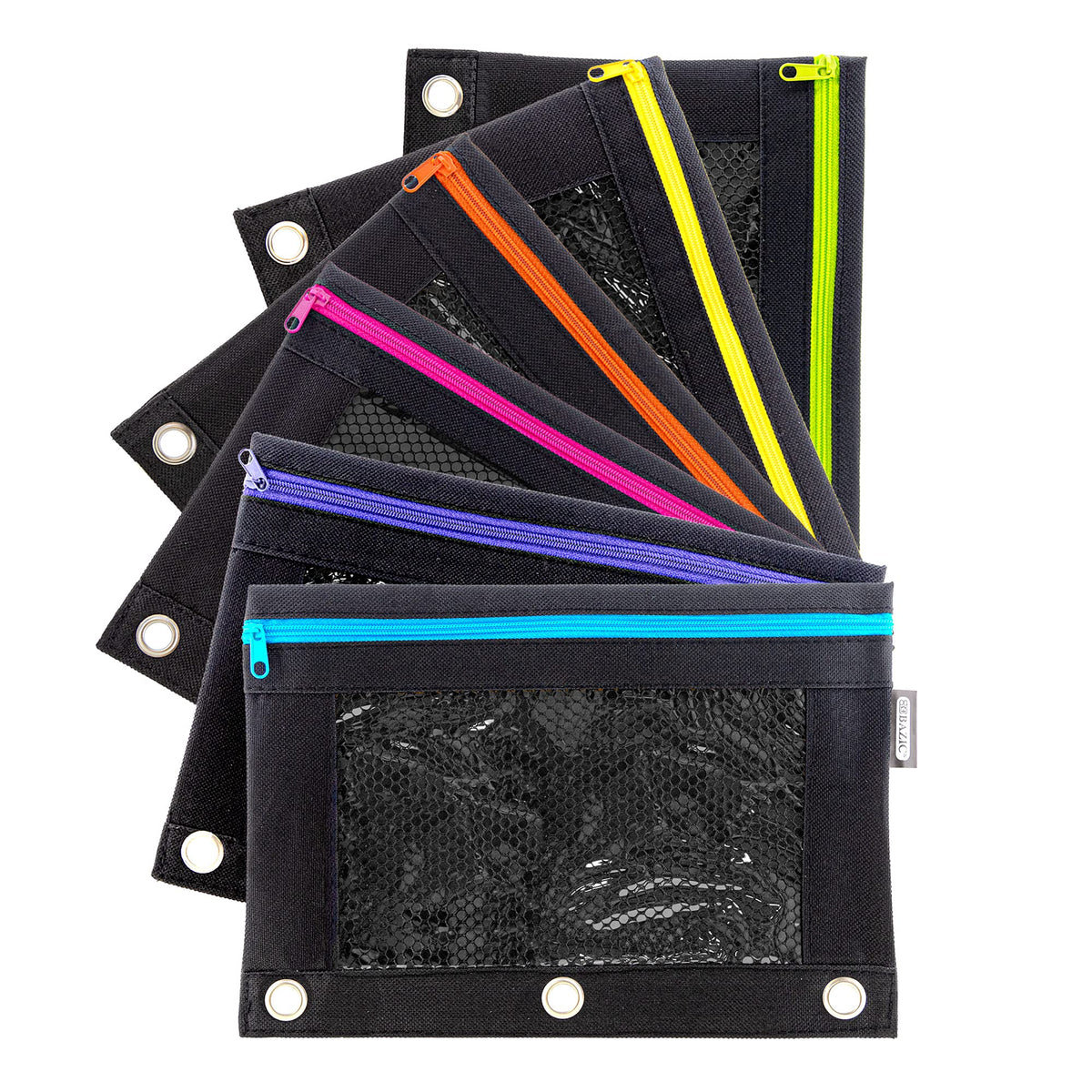 BAZIC Products Noir Neon 3-Ring Pencil Pouch with Mesh Window, 6-Set
