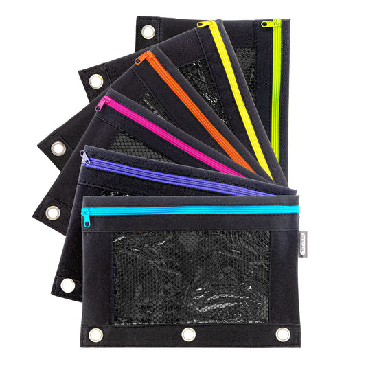 BAZIC Products Noir Neon 3-Ring Pencil Pouch with Mesh Window, 6-Set