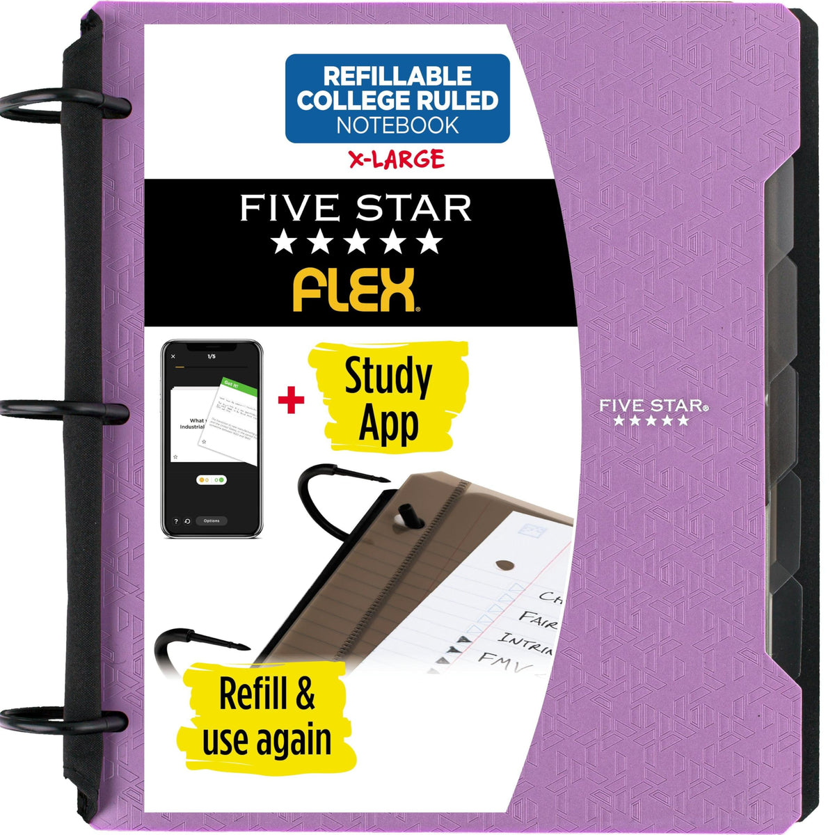 Five Star Flex Refillable Notebook + Study App, College Ruled Paper and 1-1/2 Inch TechLock Ring
